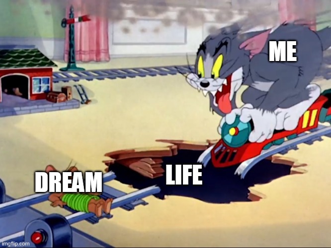 chase to dream | ME; LIFE; DREAM | image tagged in tom and jerry trainwreck | made w/ Imgflip meme maker