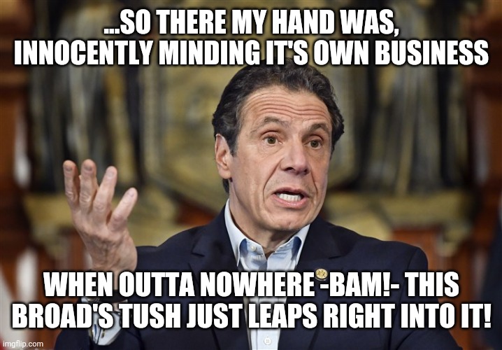 accidentally groped her | ...SO THERE MY HAND WAS, INNOCENTLY MINDING IT'S OWN BUSINESS; WHEN OUTTA NOWHERE -BAM!- THIS BROAD'S TUSH JUST LEAPS RIGHT INTO IT! | image tagged in cuomo making rules | made w/ Imgflip meme maker