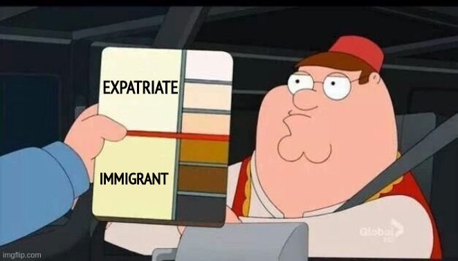 Peter Griffin skin color chart race terrorist blank | EXPATRIATE; IMMIGRANT | image tagged in peter griffin skin color chart race terrorist blank | made w/ Imgflip meme maker