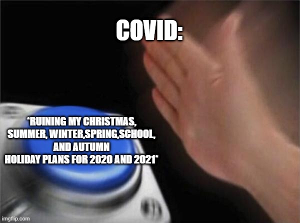 Blank Nut Button | COVID:; *RUINING MY CHRISTMAS, SUMMER, WINTER,SPRING,SCHOOL, AND AUTUMN HOLIDAY PLANS FOR 2020 AND 2021* | image tagged in memes,blank nut button | made w/ Imgflip meme maker