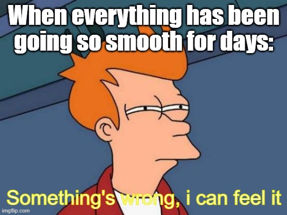 Something's wrong, I can feel it. | When everything has been going so smooth for days:; Something's wrong, i can feel it | image tagged in memes,futurama fry | made w/ Imgflip meme maker