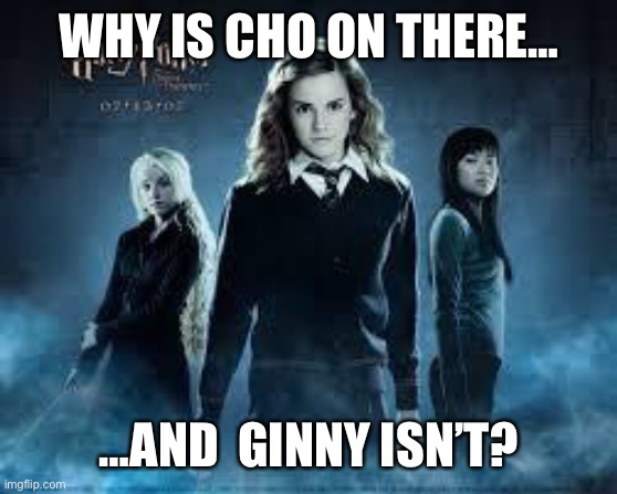 Where’s Ginny? | WHY IS CHO ON THERE…; …AND  GINNY ISN’T? | image tagged in harry potter females | made w/ Imgflip meme maker