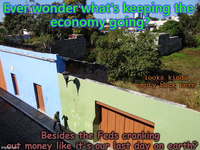 Ever Wonder? | Ever wonder what's keeping the 
economy going? looks kinda empty back here; Besides the Feds cranking
 out money like it's our last day on earth? | image tagged in false front | made w/ Imgflip meme maker