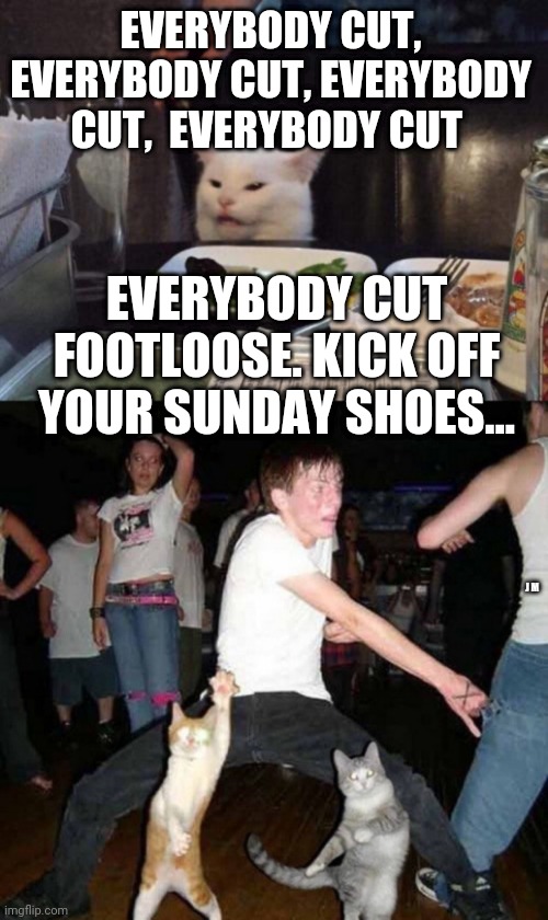 EVERYBODY CUT, EVERYBODY CUT, EVERYBODY CUT,  EVERYBODY CUT; EVERYBODY CUT FOOTLOOSE. KICK OFF YOUR SUNDAY SHOES... J M | image tagged in salad cat | made w/ Imgflip meme maker