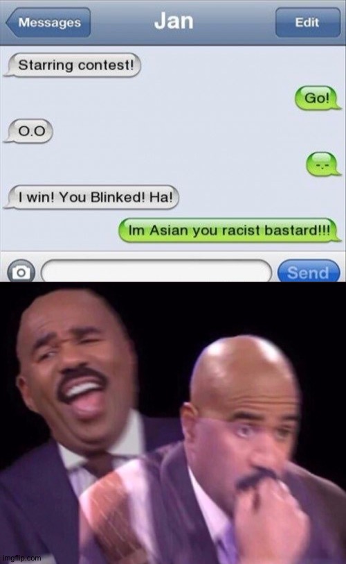 Dang. You fell right for the trick | image tagged in steve harvey laughing serious,memes,funny,funny memes,funny texts,barney will eat all of your delectable biscuits | made w/ Imgflip meme maker