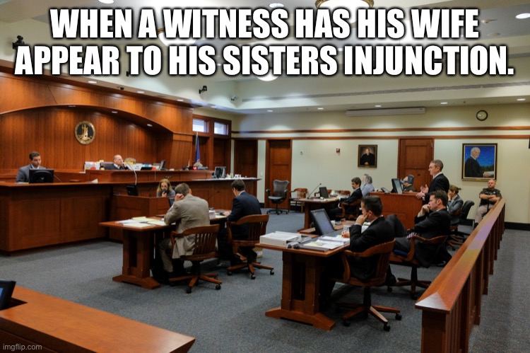 Disavow | WHEN A WITNESS HAS HIS WIFE APPEAR TO HIS SISTERS INJUNCTION. | image tagged in supreme court,court | made w/ Imgflip meme maker