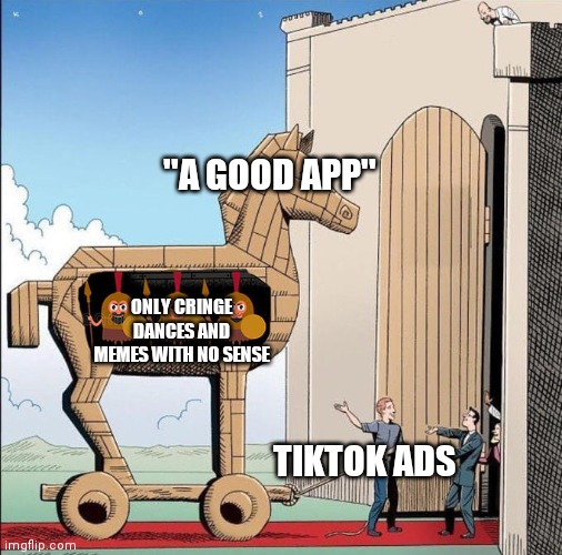 Tik tok ads are stinky poo | ''A GOOD APP''; ONLY CRINGE DANCES AND MEMES WITH NO SENSE; TIKTOK ADS | image tagged in trojan horse | made w/ Imgflip meme maker