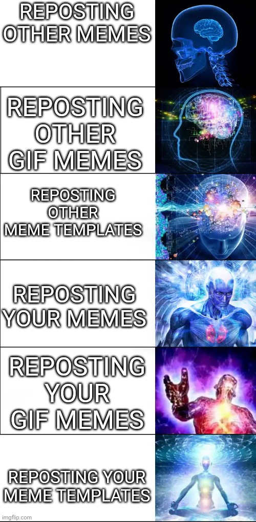 Repost | REPOSTING OTHER MEMES; REPOSTING OTHER GIF MEMES; REPOSTING OTHER MEME TEMPLATES; REPOSTING YOUR MEMES; REPOSTING YOUR GIF MEMES; REPOSTING YOUR MEME TEMPLATES | image tagged in expanding brain 6 panel,repost,expanding brain,brain,reposting my own,eye pupil expand | made w/ Imgflip meme maker
