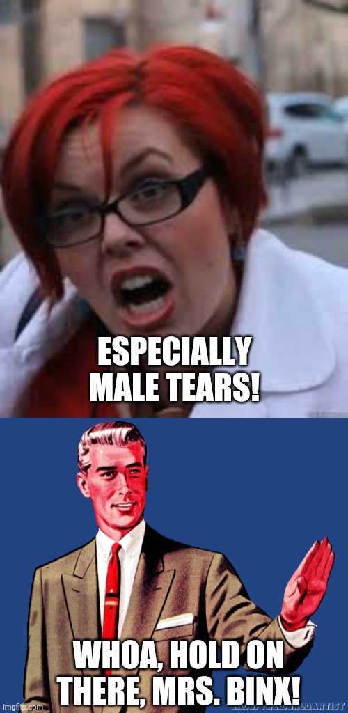 WHOA, HOLD ON THERE, MRS. BINX! ESPECIALLY MALE TEARS! | image tagged in sjw triggered,whoa there template | made w/ Imgflip meme maker
