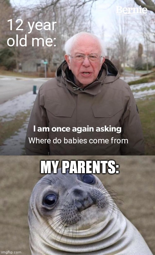 12 year old me:; Where do babies come from; MY PARENTS: | image tagged in memes,bernie i am once again asking for your support,awkward moment sealion | made w/ Imgflip meme maker