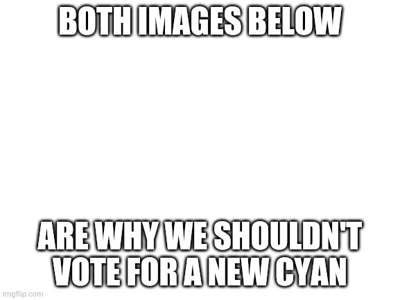 Both of them are true | BOTH IMAGES BELOW; ARE WHY WE SHOULDN'T VOTE FOR A NEW CYAN | image tagged in blank white template | made w/ Imgflip meme maker
