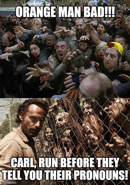 The zombie apocalypse is already here | ORANGE MAN BAD!!! CARL, RUN BEFORE THEY TELL YOU THEIR PRONOUNS! | image tagged in zombies approaching,zombies | made w/ Imgflip meme maker