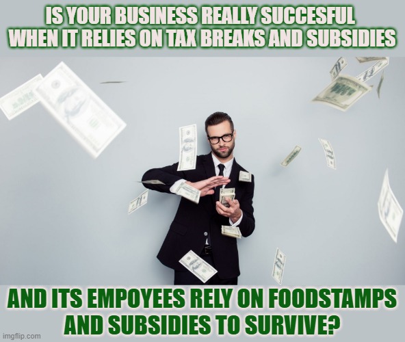 What defines a successful business? | IS YOUR BUSINESS REALLY SUCCESFUL 
WHEN IT RELIES ON TAX BREAKS AND SUBSIDIES; AND ITS EMPOYEES RELY ON FOODSTAMPS
AND SUBSIDIES TO SURVIVE? | image tagged in business,tax breaks,subsidies,economy,food stamps | made w/ Imgflip meme maker