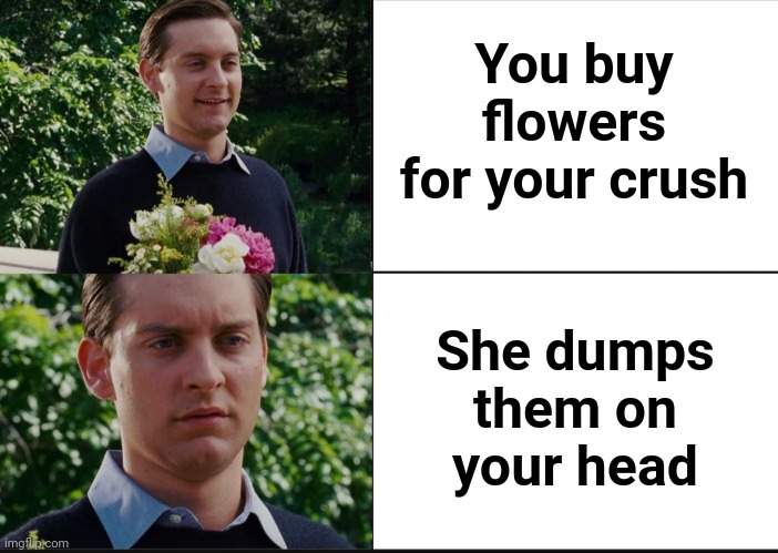 You buy flowers for your crush; She dumps them on your head | image tagged in memes,peter parker disappointed,flowers,crush,on your head | made w/ Imgflip meme maker