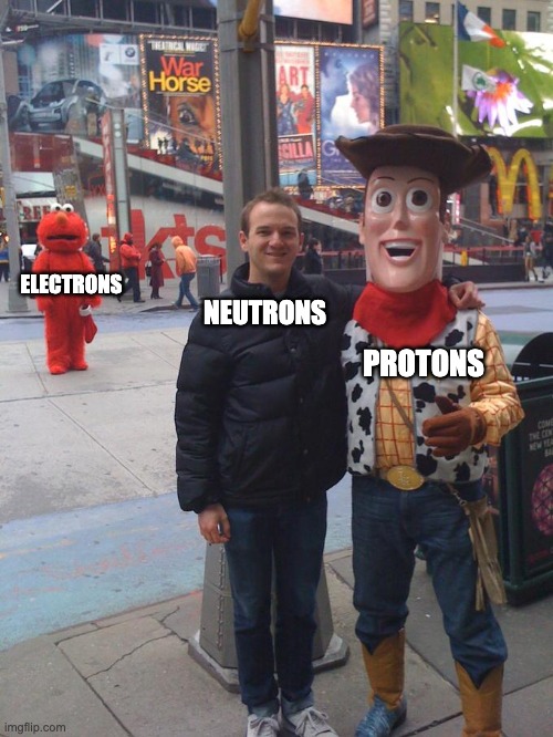kemistree | NEUTRONS; ELECTRONS; PROTONS | image tagged in devastated elmo woody,science,chemistry | made w/ Imgflip meme maker