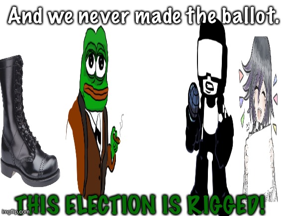 Blank White Template | And we never made the ballot. THIS ELECTION IS RIGGED! | image tagged in blank white template | made w/ Imgflip meme maker