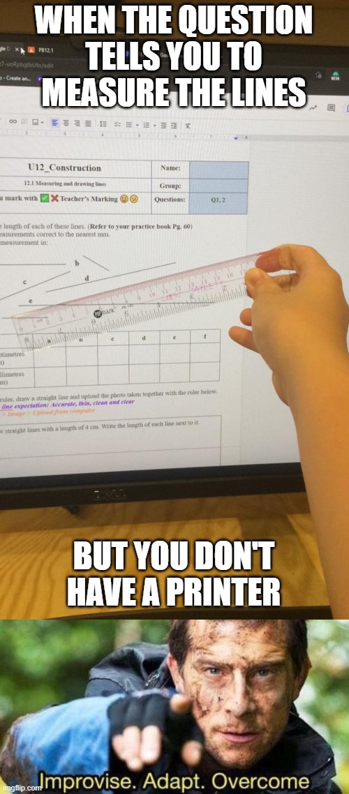 i showed this to my teacher | WHEN THE QUESTION TELLS YOU TO MEASURE THE LINES; BUT YOU DON'T HAVE A PRINTER | image tagged in improvise adapt overcome,math | made w/ Imgflip meme maker