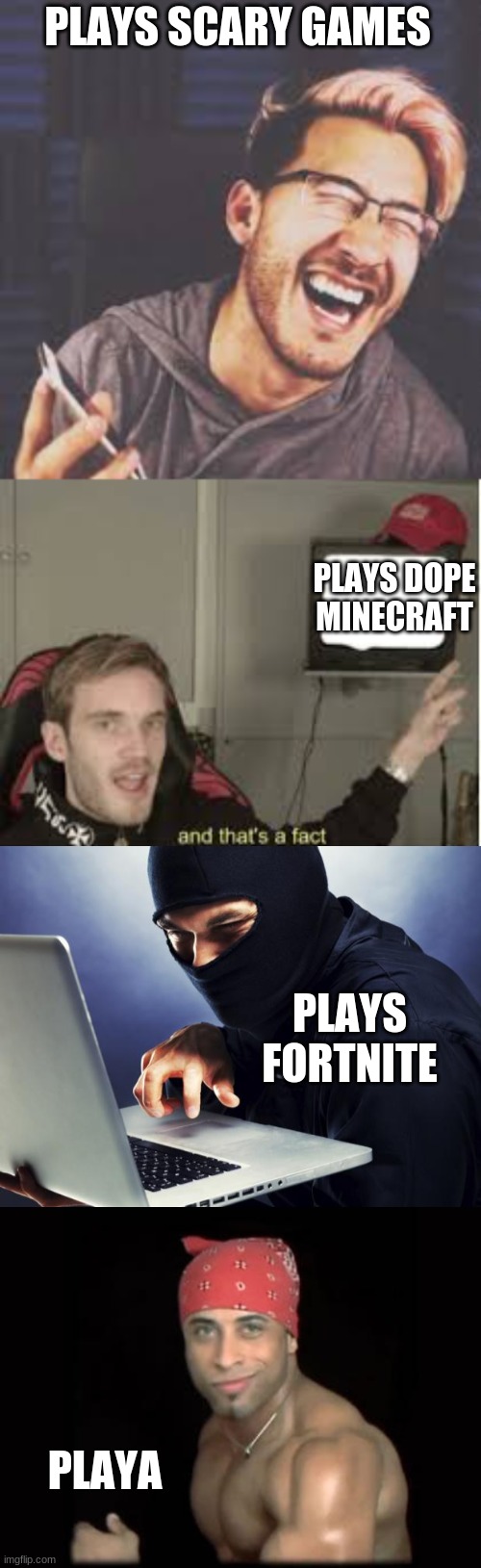 Types of gamers | PLAYS SCARY GAMES; PLAYS DOPE MINECRAFT; PLAYS FORTNITE; PLAYA | image tagged in markiplier lol,and thats a fact,ninja,ricardo milosss | made w/ Imgflip meme maker