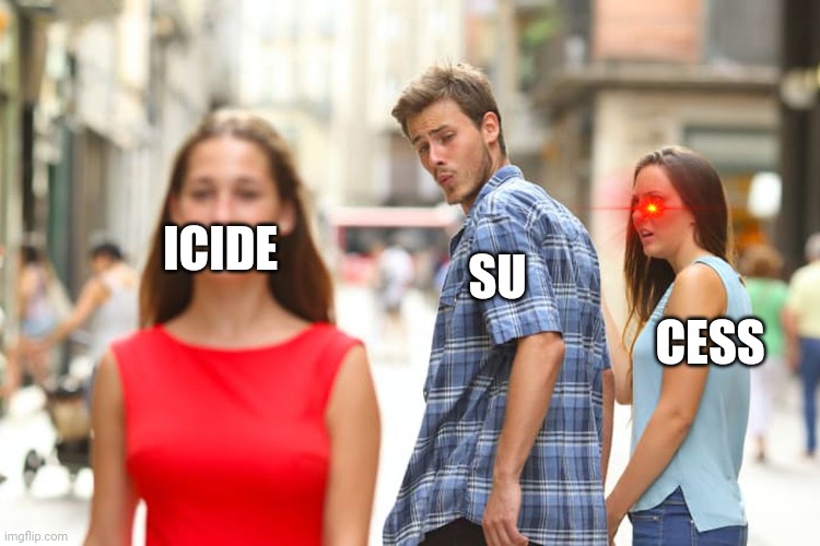 Get the joke |  ICIDE; SU; CESS | image tagged in memes,distracted boyfriend | made w/ Imgflip meme maker