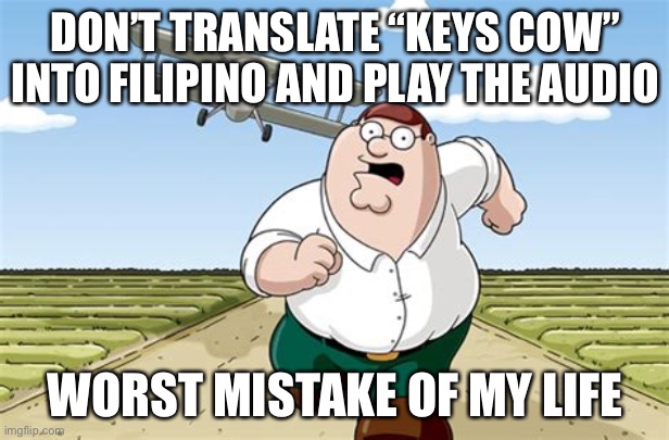 don’t translate “keys cow” into filipino and play audio | DON’T TRANSLATE “KEYS COW” INTO FILIPINO AND PLAY THE AUDIO; WORST MISTAKE OF MY LIFE | image tagged in worst mistake of my life | made w/ Imgflip meme maker