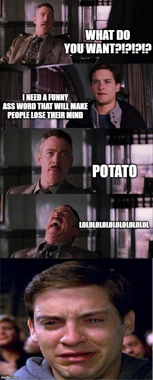 Peter Parker Cry | WHAT DO YOU WANT?!?!?!? I NEED A FUNNY ASS WORD THAT WILL MAKE PEOPLE LOSE THEIR MIND; POTATO; LOLOLOLOLOLOLOLOLOLOL | image tagged in memes,peter parker cry,potato | made w/ Imgflip meme maker