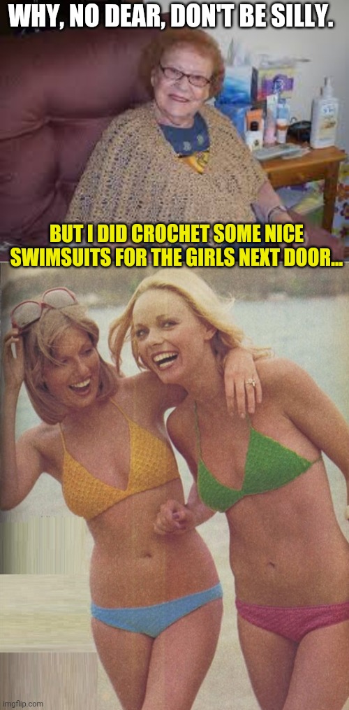 WHY, NO DEAR, DON'T BE SILLY. BUT I DID CROCHET SOME NICE SWIMSUITS FOR THE GIRLS NEXT DOOR... | made w/ Imgflip meme maker