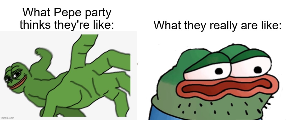 party attack ad | What Pepe party thinks they're like:; What they really are like: | image tagged in buff pepe punch | made w/ Imgflip meme maker