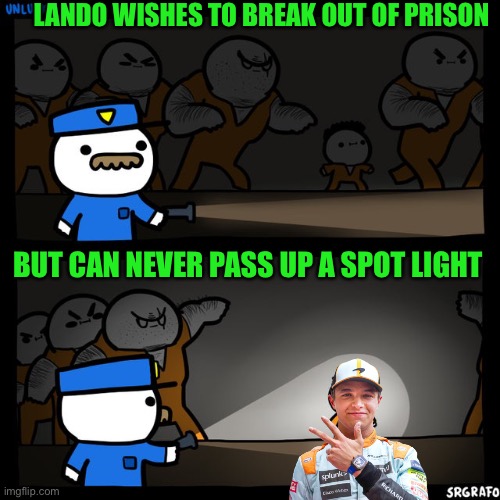 *pepe visits f1 in prison, f1 being a convicted criminal loses rights to vote | LANDO WISHES TO BREAK OUT OF PRISON; BUT CAN NEVER PASS UP A SPOT LIGHT | image tagged in srgrafo prison,pepe party,checkmate f1 | made w/ Imgflip meme maker