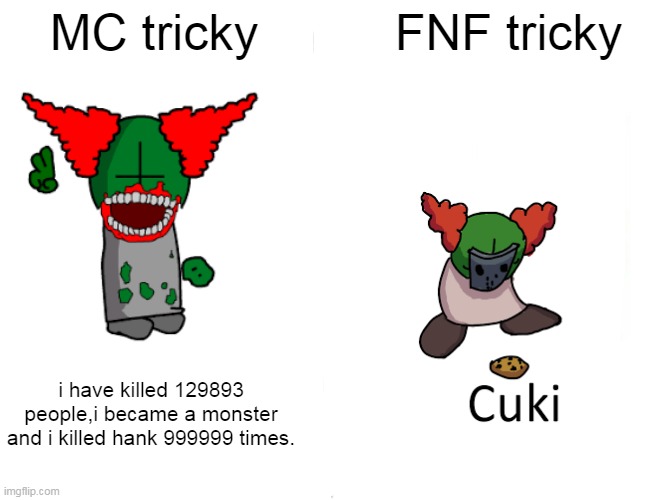 Madness combat tricky vs friday night funkin tricky | MC tricky; FNF tricky; i have killed 129893 people,i became a monster and i killed hank 999999 times. | image tagged in memes,buff doge vs cheems | made w/ Imgflip meme maker