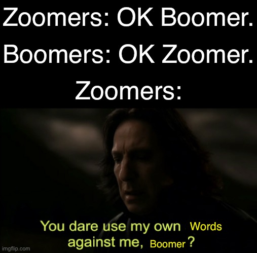 You dare Use my own spells against me | Zoomers: OK Boomer. Boomers: OK Zoomer. Zoomers:; Words; Boomer | image tagged in you dare use my own spells against me | made w/ Imgflip meme maker