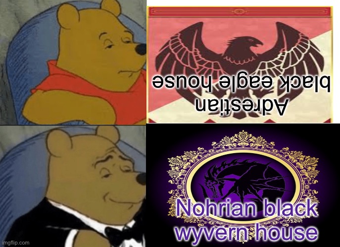 BEST FE HOUSE | Adrestian black eagle house; Nohrian black wyvern house | image tagged in tuxedo winnie the pooh | made w/ Imgflip meme maker