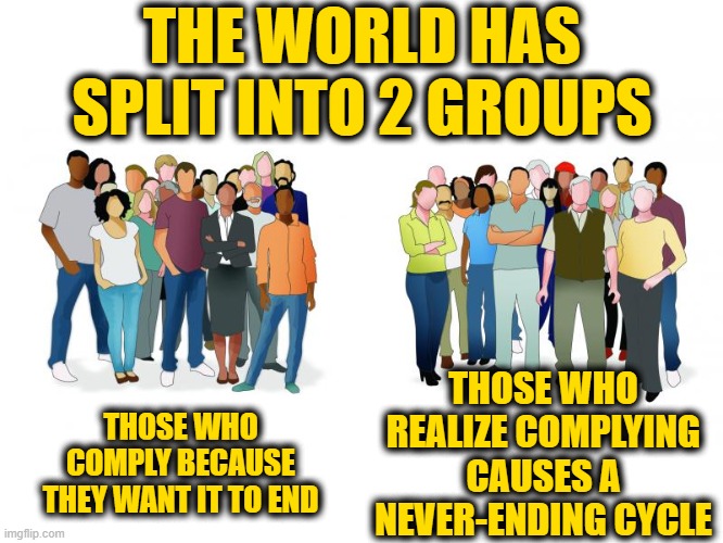 Which Group are You? | THE WORLD HAS SPLIT INTO 2 GROUPS; THOSE WHO REALIZE COMPLYING CAUSES A NEVER-ENDING CYCLE; THOSE WHO COMPLY BECAUSE THEY WANT IT TO END | image tagged in two groups,comply,compliance | made w/ Imgflip meme maker