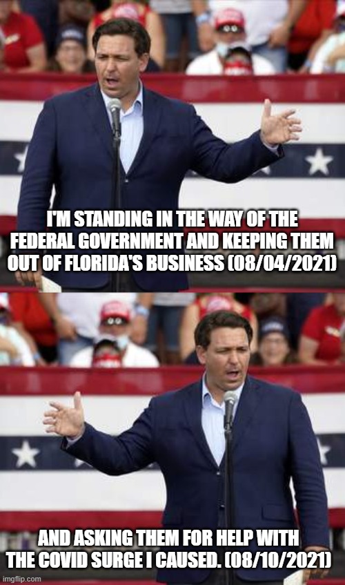 I'M STANDING IN THE WAY OF THE FEDERAL GOVERNMENT AND KEEPING THEM OUT OF FLORIDA'S BUSINESS (08/04/2021); AND ASKING THEM FOR HELP WITH THE COVID SURGE I CAUSED. (08/10/2021) | image tagged in governor ron desantis - nazi misogynist | made w/ Imgflip meme maker