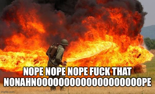 Nope flamethrower | NOPE NOPE NOPE FUCK THAT NONAHNOOOOOOOOOOOOOOOOOOOPE | image tagged in nope flamethrower | made w/ Imgflip meme maker