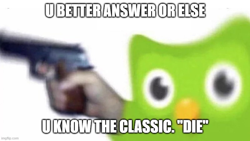 duolingo gun | U BETTER ANSWER OR ELSE U KNOW THE CLASSIC. "DIE" | image tagged in duolingo gun | made w/ Imgflip meme maker