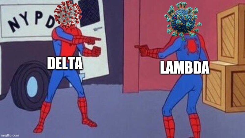 Delta vs Lambda - FIGHT |  DELTA; LAMBDA | image tagged in spiderman pointing at spiderman,delta,lambda,coronavirus,covid-19,memes | made w/ Imgflip meme maker
