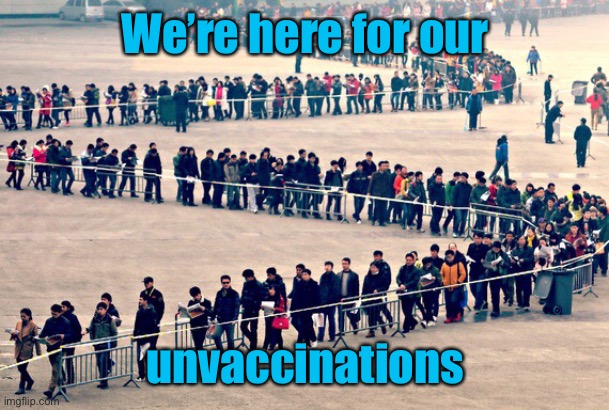 Long line | We’re here for our unvaccinations | image tagged in long line | made w/ Imgflip meme maker