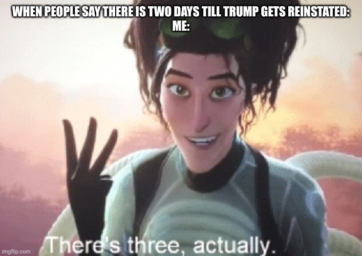 There's three, actually | WHEN PEOPLE SAY THERE IS TWO DAYS TILL TRUMP GETS REINSTATED:
ME: | image tagged in there's three actually | made w/ Imgflip meme maker