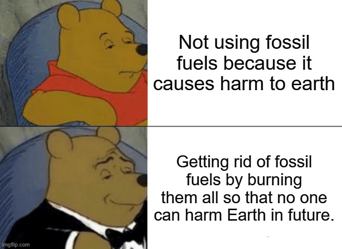 Fossil fuels suck | Not using fossil fuels because it causes harm to earth; Getting rid of fossil fuels by burning them all so that no one can harm Earth in future. | image tagged in memes,tuxedo winnie the pooh,funny memes,oh wow are you actually reading these tags,funny | made w/ Imgflip meme maker