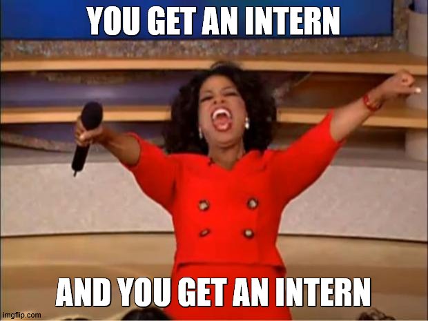 interns | YOU GET AN INTERN; AND YOU GET AN INTERN | image tagged in memes,oprah you get a | made w/ Imgflip meme maker