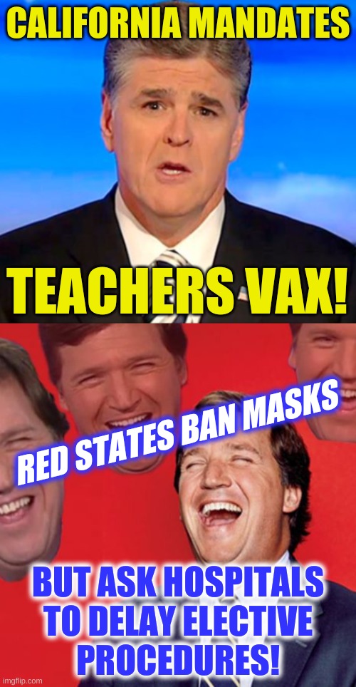 hypocrisy? | CALIFORNIA MANDATES; TEACHERS VAX! RED STATES BAN MASKS; BUT ASK HOSPITALS
TO DELAY ELECTIVE
PROCEDURES! | image tagged in sean hannity tucker carlson laughing,conservative hypocrisy,mask mandate,memes,antivax,trump lost | made w/ Imgflip meme maker
