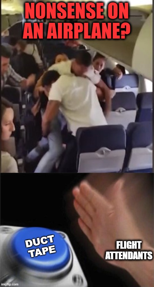 NONSENSE ON AN AIRPLANE? FLIGHT
ATTENDANTS; DUCT
TAPE | image tagged in memes,blank nut button,nonsense on airplane,flight attendant,duct tape,fight | made w/ Imgflip meme maker