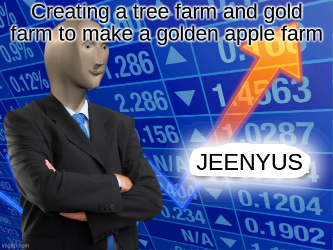 Empty Stonks | Creating a tree farm and gold farm to make a golden apple farm; JEENYUS | image tagged in empty stonks | made w/ Imgflip meme maker
