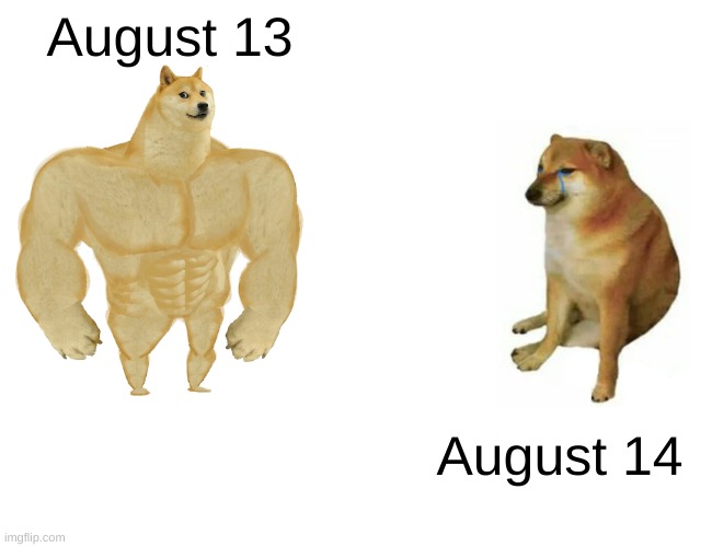 can't wait for reinstatement! | August 13; August 14 | image tagged in memes,buff doge vs cheems,reinstatement,donald trump,mike lindell,conservative hypocrisy | made w/ Imgflip meme maker