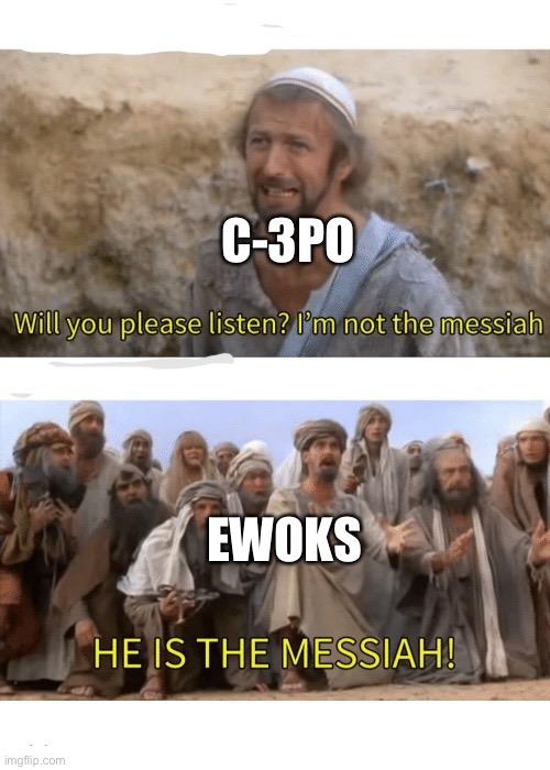 Star Wars vibes | C-3PO; EWOKS | image tagged in he is the messiah,star wars,c3po,oh wow are you actually reading these tags | made w/ Imgflip meme maker