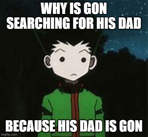 WHY IS GON SEARCHING FOR HIS DAD; BECAUSE HIS DAD IS GON | image tagged in hunter x hunter | made w/ Imgflip meme maker