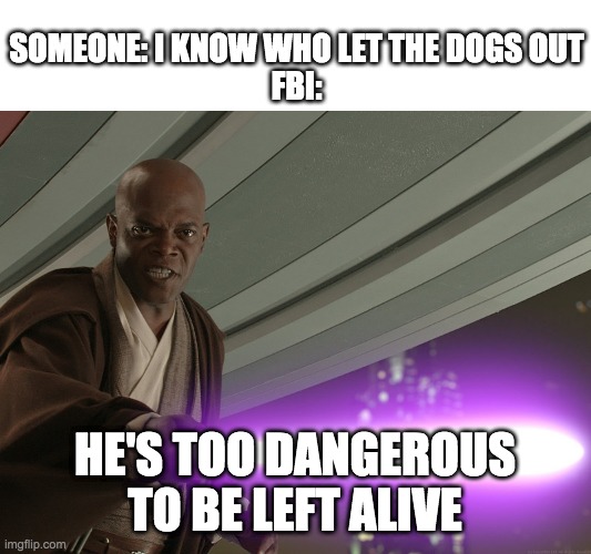too dangerous! | SOMEONE: I KNOW WHO LET THE DOGS OUT
FBI:; HE'S TOO DANGEROUS TO BE LEFT ALIVE | image tagged in he's too dangerous to be left alive | made w/ Imgflip meme maker