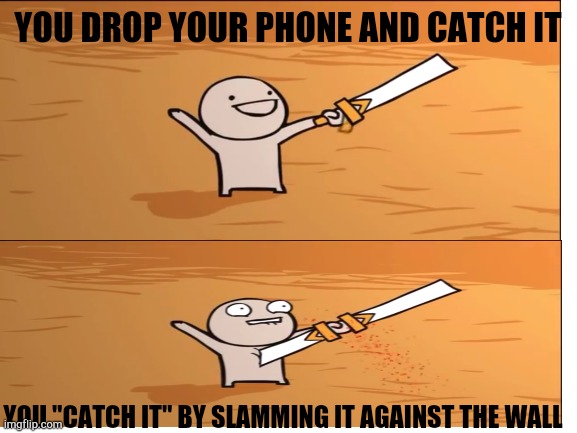 This happened to any of you? | YOU DROP YOUR PHONE AND CATCH IT; YOU "CATCH IT" BY SLAMMING IT AGAINST THE WALL | image tagged in memes,meme,phone,funny memes | made w/ Imgflip meme maker