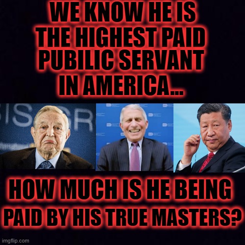 WHO ELSE IS PAYING THIS SNAKE OIL SALESMAN?? | WE KNOW HE IS THE HIGHEST PAID; PUBILIC SERVANT IN AMERICA... HOW MUCH IS HE BEING; PAID BY HIS TRUE MASTERS? | image tagged in black screen,fauci,soros,xi jinping,covid | made w/ Imgflip meme maker