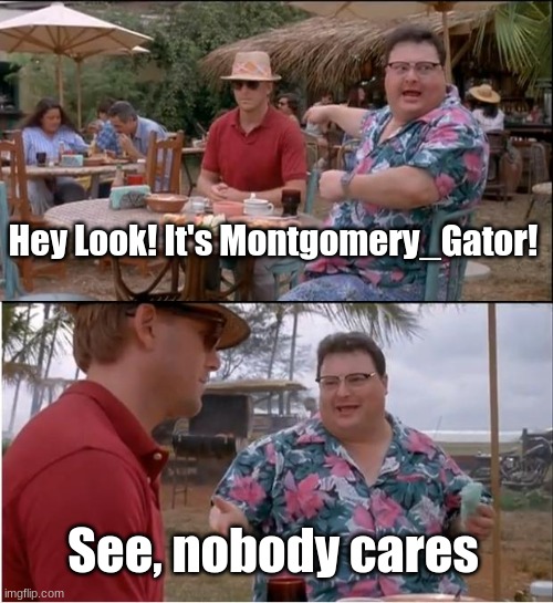 See Nobody Cares Meme | Hey Look! It's Montgomery_Gator! See, nobody cares | image tagged in memes,see nobody cares | made w/ Imgflip meme maker